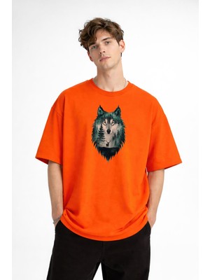 Zerenyus Wolf - 1. Sınıf Pamuklu Bisiklet Yaka Kısa Kollu Oversize Erkek Tişört Turuncu