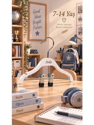 NYN İsimli Kişiye Özel Ahşap 8000 7-14 Yaş 34cm Mandallı Çocuk Askısı Beyaz Renk 24 Adet