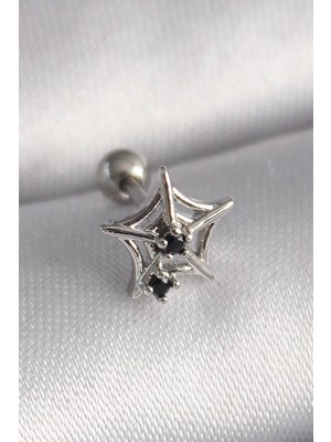 Maesko Mey Ithalat® 316L Çelik Gümüş Renk Siyah Zirkon Taş Detay Örümcek Ağ Model Tragus Piercing