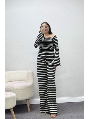 Belendir Kadın Ispanyol Kol Çizgili Kaşkorse Ikili Takım Siyah Beyaz