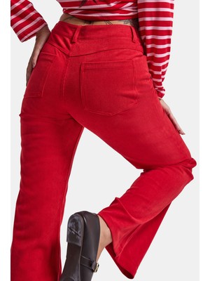 It's Basic Kadın Kırmızı Flare Fit Velvet Kadife Kumaş Pantolon