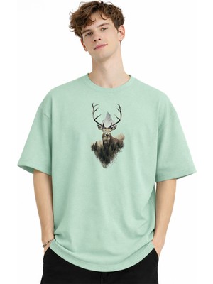 Zerenyus Deer Baskılı - Premium Kumaş Oversize Erkek Tişört Su Yeşili