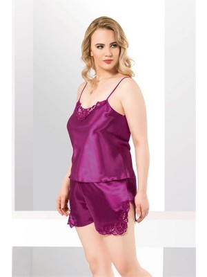 Amora Secret Şık Tasarım Yumuşak Dokulu Büyük Beden Dantel Işlemeli Mor Saten Babydoll Şort Takımı