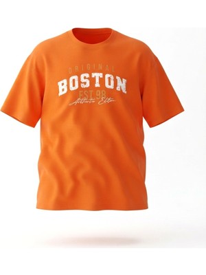 Zerenyus Boston Baskılı - Premium Kumaş Unisex Oversize Tişört Turuncu