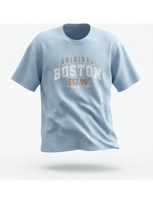 Zerenyus Boston Baskılı - Premium Kumaş Unisex Oversize Tişört Mavi