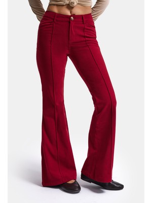 It's Basic Kadın Bordo Flare Fit Pürüzsüz Dokulu Esnek Velvet Kadife Kumaş Pantolon
