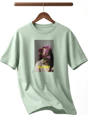 Zerenyus Blurry Baskılı - Premium Kumaş Oversize Erkek Tişört Su Yeşili
