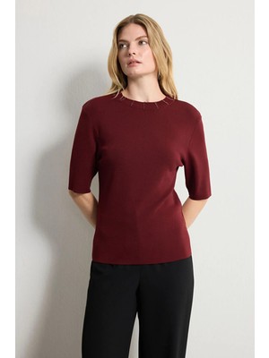 Love My Body Yakası Taş Detaylı Triko Kazak Bordo 139L9365001