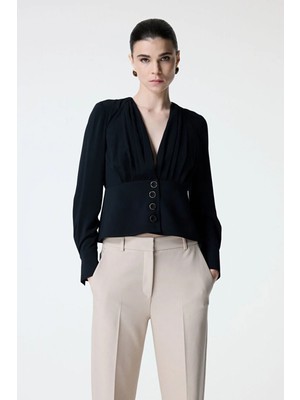 adL Drape Detaylı Önü Düğmeli Bluz Siyah 11546002001