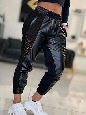 Pileli Store Kadın Yüksek Bel Lastikli Yanda Dantel Detaylı Bağcıklı Deri Pantolon
