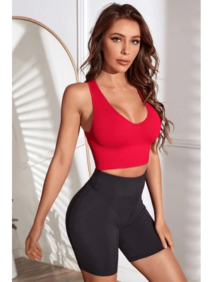 Sofya Passion Kadın Fitilli V Yaka Crop Top Büstiyer,  Siyah ve Kırmızı Kolsuz Esnek Bluz