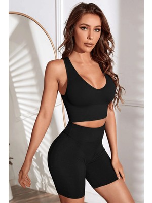 Sofya Passion Kadın Fitilli V Yaka Crop Top Büstiyer,  Siyah ve Kırmızı Kolsuz Esnek Bluz