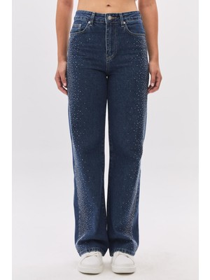 Daido Daıdo Kadın Yüksek Bel Taş İşlemeli Düz Paça Denim Jean Pantolon 19K321903924