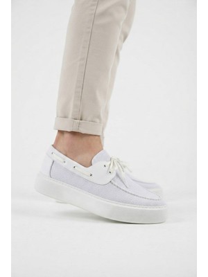Zerenyus ZRC2602 - Premium Triko Erkek Bağcıklı Loafer Beyaz