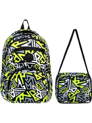 Miço Kids Geometrik Desenli Okul Sırt Çantası ve Beslenme Çantası Seti - 2'li Neon Sarı Ilkokul Çanta Takımı