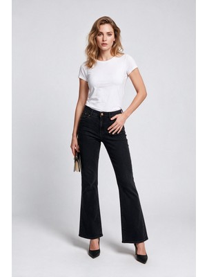 Bsb Kadın Yüksek Bel Geniş Paça Jean Pantolon Denim Kumaş
