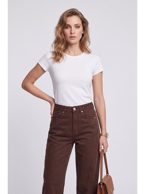 Bsb Kadın Yüksek Bel Geniş Paça Dikey Dikiş Detaylı Crop Jean Pantolon