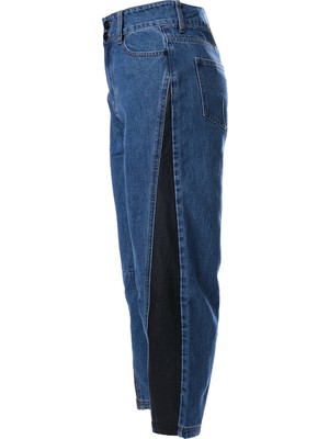 Bsb Kadın Yüksek Bel Çift Düğmeli Pamuklu Denim Yan Panel Detaylı Jean Pantolon