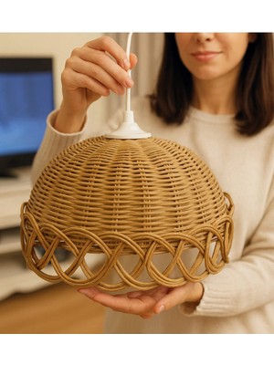 St. Morritz Bohem Rattan Bambu Hasır Avize Çap 30CM Açık Krem Renk