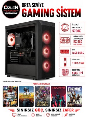 Özlen X97 RYZEN 7 5700X RX 580 8GB 16GB RAM 1TB M.2 SSD Oyuncu Bilgisayarı