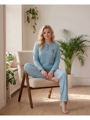 Eyfuze kadın Büyük Beden Desenli Yakası Düğmeli Uzun Kollu Kışlık Pijama Takımı