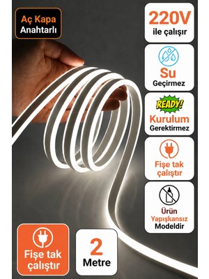 St. Morritz Neon Esnek Şerit LED 2 Metre Beyaz + 220 Volt Fiş