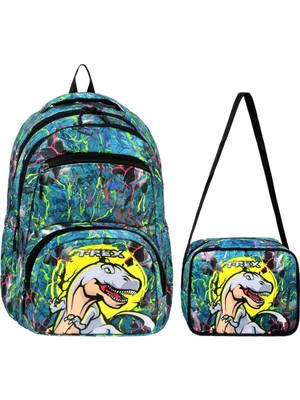 Miço Kids Çok Bölmeli Dinozor Desenli Ilkokul Sırt Çantası ve Beslenme Çantası Seti
