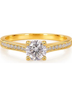14 Ayar Yanları Sıra Taşlı Klasik Tektaş Altın Kadın Yüzük