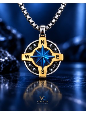 Voyage Accessory Paslanmaz Çelik Sarı Lacivert  Renk Detaylı Minimal Tasarım Kristal Taşlı Pusula Kolye