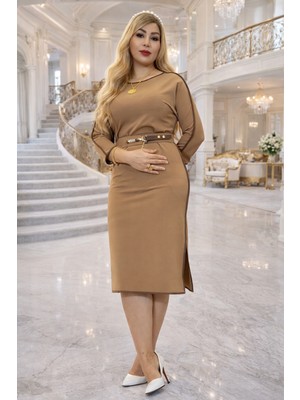 Yeşilmoda Kadın Bej Midi Elbise Deri Detaylı Kemerli Kalem Elbise