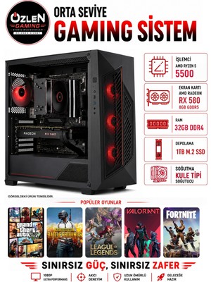 Özlen X98 RYZEN 5 5500 RX 580 8GB 32GB RAM 1TB M.2 SSD Oyuncu Bilgisayarı
