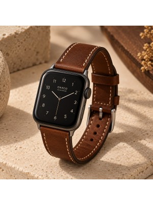Oakco Leather Hakiki Deri Kahverengi Apple Watch  Uyumlu El Yapımı Saat Kordonu