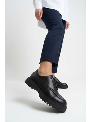 Zerenyus Zrk-Xkx6 Premium Kalın Taban Siyah Bağcıklı Günlük Unisex Oxford Ayakkabı