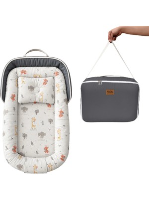 Çantalı Baby Nest Safari Hayvan Desenli Yenidoğan Babynest Taşınabilir Anne Yanı Yatağı Koyu Gri