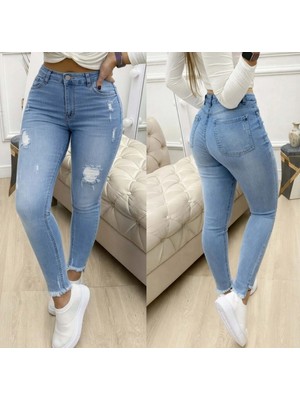 Pileli Store Kadın Yüksek Bel Yırtık Desenli Skınny Kot Pantolon