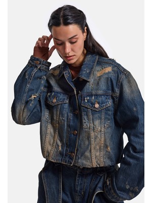It's Basic Kadın Kot Rengi 10W6-8 Kemer Boy Oversize Özel Tasarım Denim Ceket