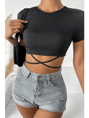 Sofya Passion Kadın Siyah Bağlama Detaylı Crop Top, Kısa Kollu Fitilli Büstiyer