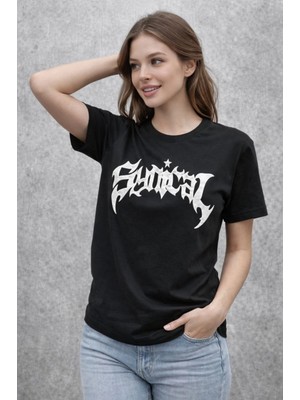 Pileli Store Kadın Kısa Kol Yazlık Tişört Bisiklet Yaka Baskılı Oversize T-Shirt - Siyah