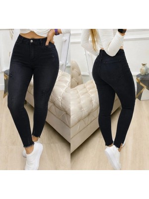Pileli Store Kadın Yüksek Bel Yırtık Desenli Skınny Kot Pantolon