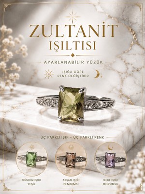 Yudi Atelier 925 Ayar Gümüş Zultanit Işıltılı Renk Değiştiren Yüzük – Dikdörtgen Taşlı Ayarlanabilir Vintage Yüzük - Hediye Yüzük