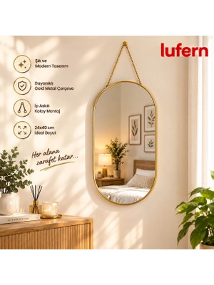 Lufern Özel Tasarım Dekoratif Duvar Aynası Gold Metal Çerçeveli Ip Askılı 24X40 cm Banyo Yatak Odası Hol
