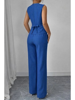 Pileli Store Kadın Askılı Önden Düğmeli Bluz ve Pantolon Keten Ikili Takım