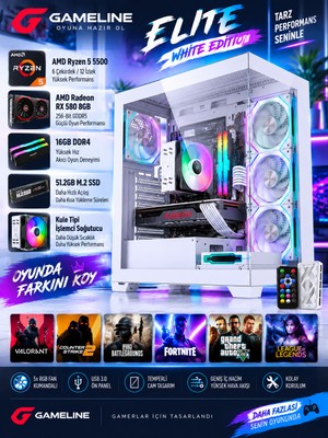 Gameline Elite White /Ryzen 5 5500 /RX 580 8GB 256-BIT /16GB DDR4 /512GB M.2 SSD /Kule Tipi Soğutuculu Oyuncu Bilgisayarı