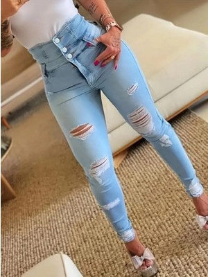 Pileli Store Kadın Yüksek Belli Önden Düğmeli Yırtık Detaylı Kot Pantolon