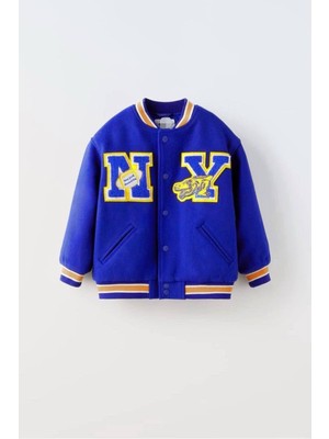 Ponki Unisex Çocuk Saks Mavi Ny Nakışlı Kolej Ceket