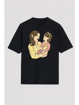 Pileli Store Anneler Günü Hediye Anne Kız Temalı Baskılı Oversize Bisiklet Yaka T-Shirt - Siyah