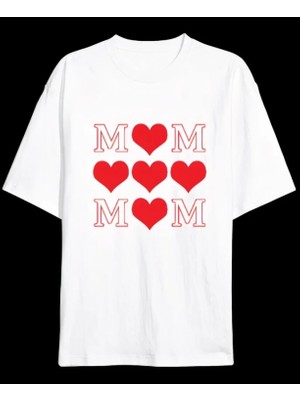 Pileli Store Anneler Günü Hediye Mom Kalp Baskılı Oversize Bisiklet Yaka T-Shirt - Beyaz