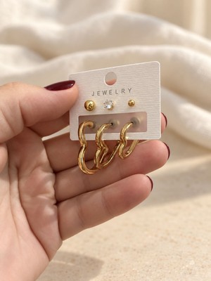 Bartuva Design Gold Renk Top Taş ve Dalgalı Halka Modelli 6’lı Kadın Küpe Seti