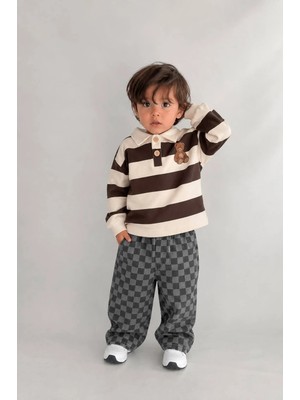 Ponki Unisex Çocuk Damalı Jean Pantolon ve Teddy Sweatshirt Kombini