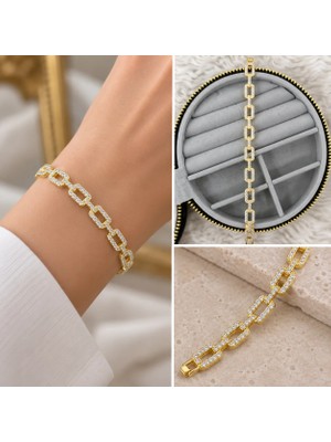 Fm 💎 Premium Parlak ve Şık Zirkon Taşlı Dikdörtgen Halkalı Gold Renk 316L Kadın Bileklik (20cm)